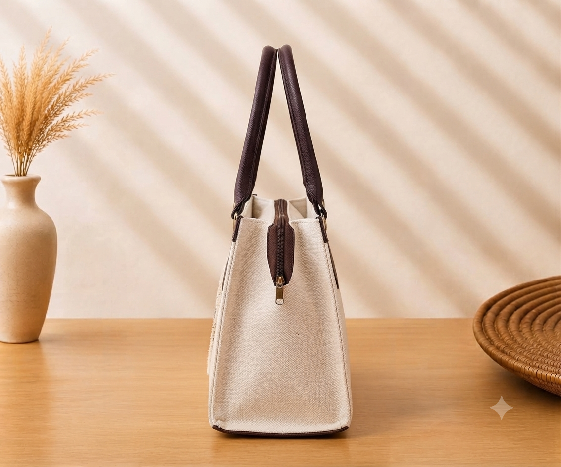 A structured rectangular canvas satchel handbag featuring an intricate circular fringed emblem with an artisanal motif, accented by contrast top handles and a matching detachable shoulder strap.