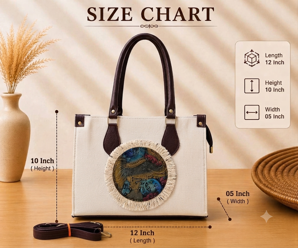 A structured rectangular canvas satchel handbag featuring an intricate circular fringed emblem with an artisanal motif, accented by contrast top handles and a matching detachable shoulder strap.