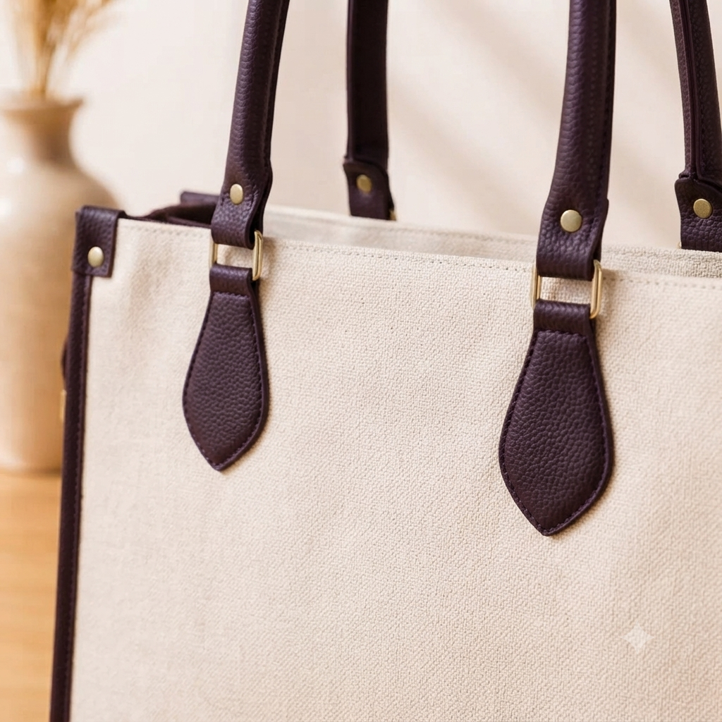 A structured rectangular canvas satchel handbag featuring an intricate circular fringed emblem with an artisanal motif, accented by contrast top handles and a matching detachable shoulder strap.