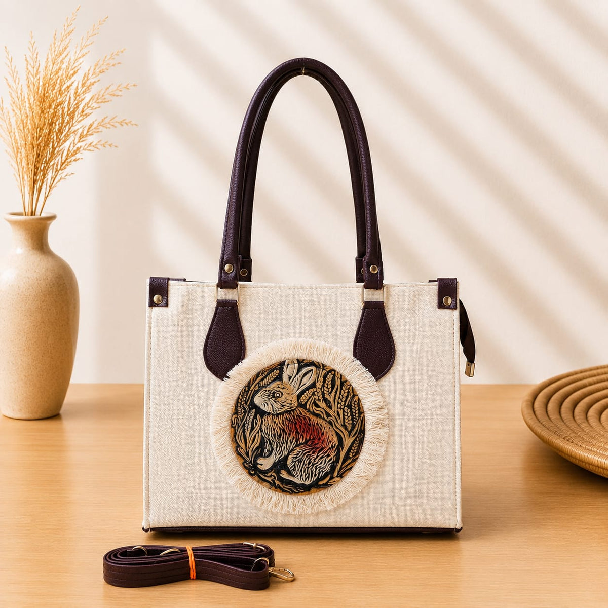 A structured rectangular canvas satchel handbag featuring an intricate circular fringed emblem with an artisanal motif, accented by contrast top handles and a matching detachable shoulder strap.