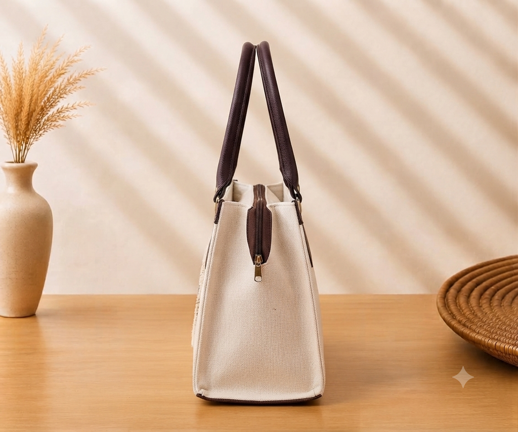 A structured rectangular canvas satchel handbag featuring an intricate circular fringed emblem with an artisanal motif, accented by contrast top handles and a matching detachable shoulder strap.