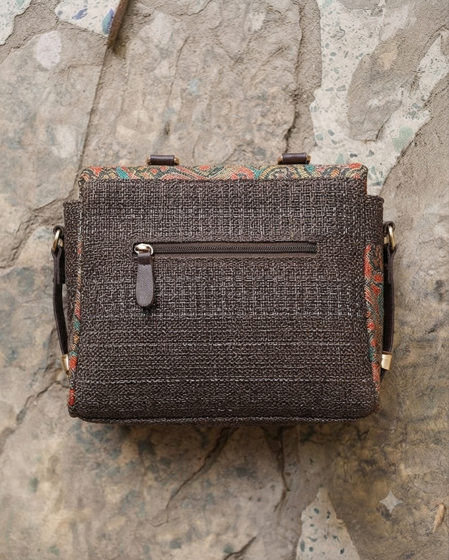An overhead view showing the open interior of a beige straw-woven crossbody sling bag, revealing a dark brown fabric lining divided into two main sections by a central zippered compartment.