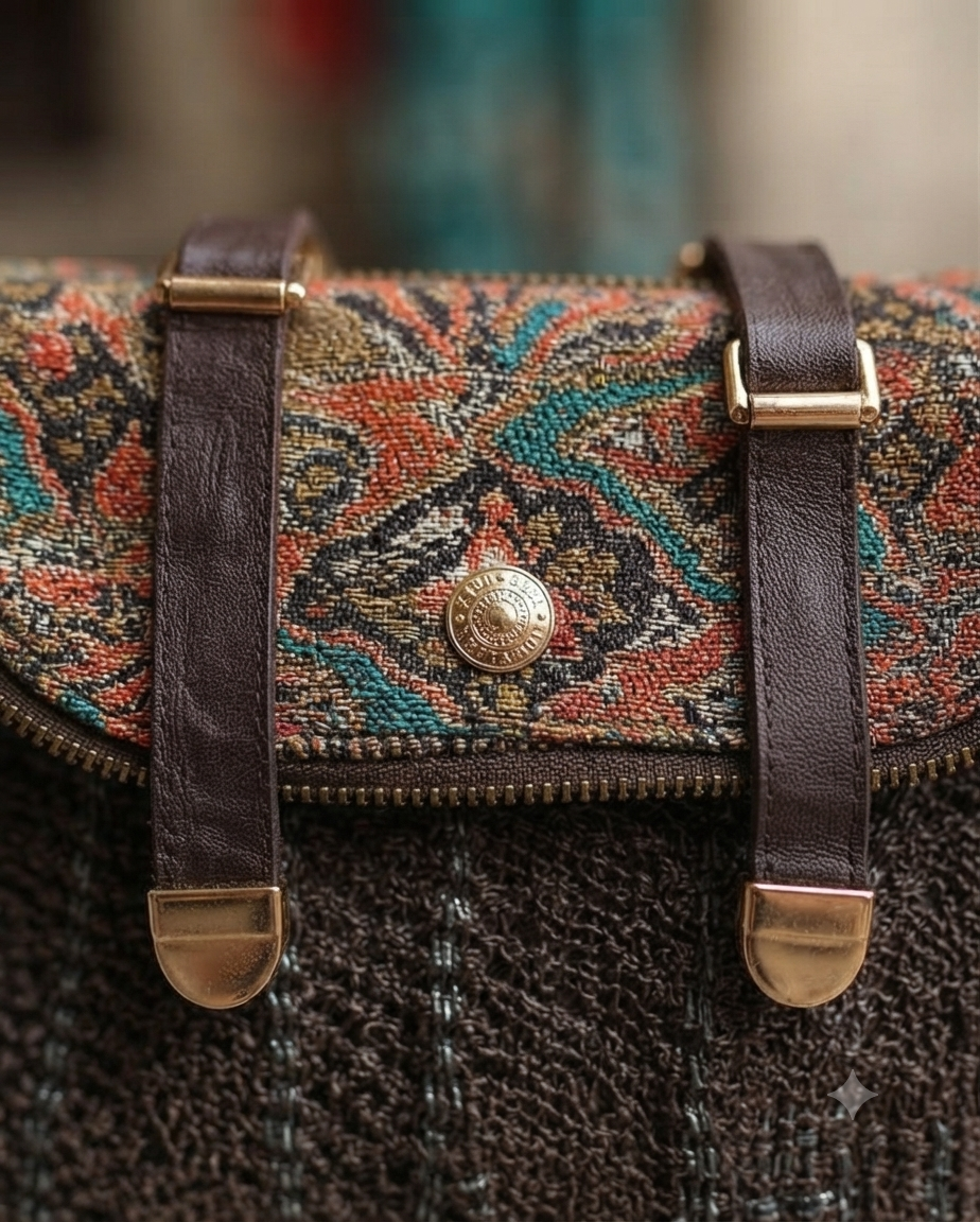 An overhead view showing the open interior of a beige straw-woven crossbody sling bag, revealing a dark brown fabric lining divided into two main sections by a central zippered compartment.