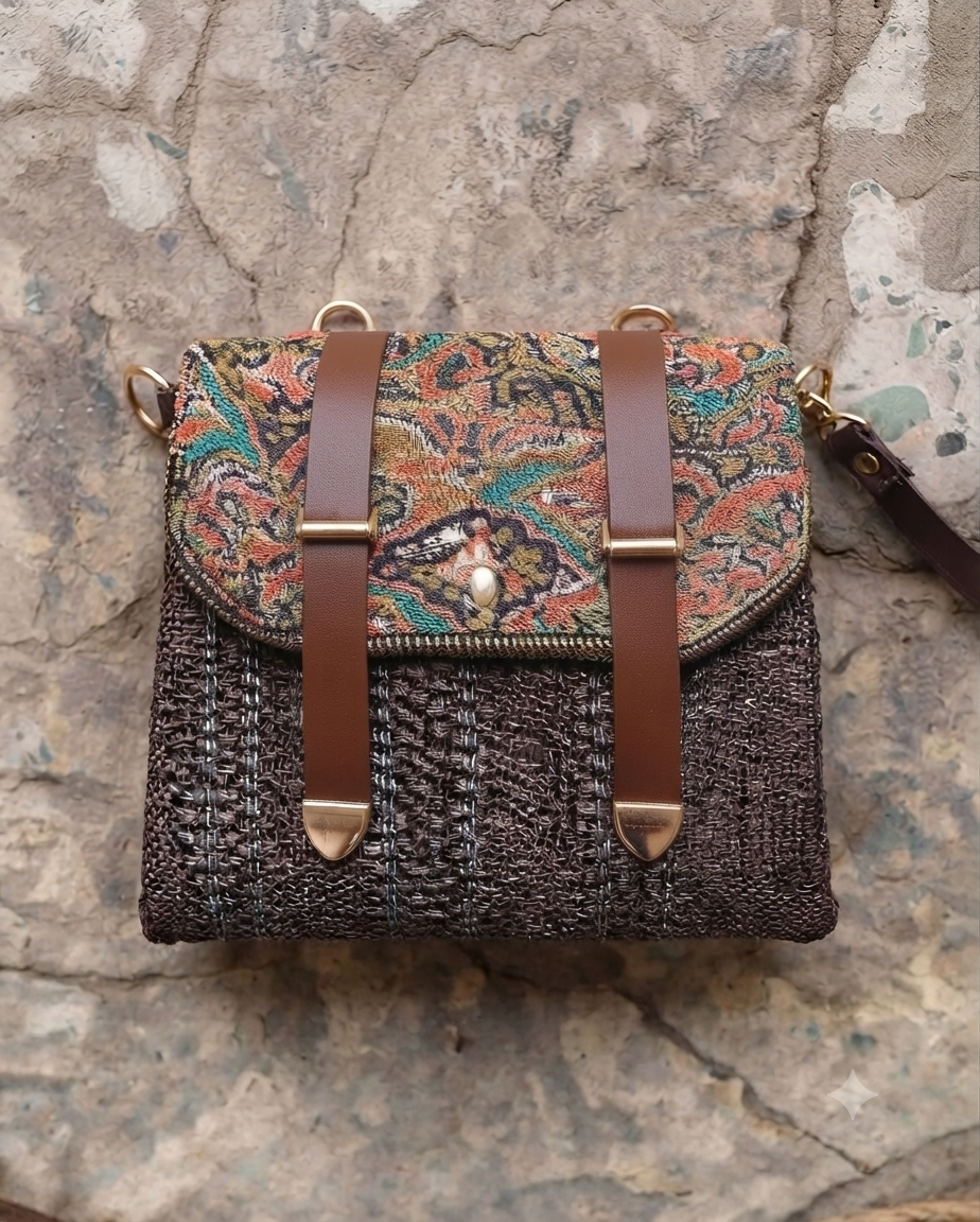 An overhead view showing the open interior of a beige straw-woven crossbody sling bag, revealing a dark brown fabric lining divided into two main sections by a central zippered compartment.
