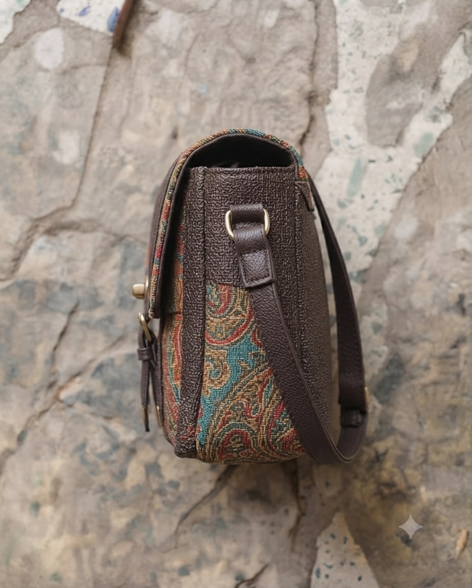 An overhead view showing the open interior of a beige straw-woven crossbody sling bag, revealing a dark brown fabric lining divided into two main sections by a central zippered compartment.