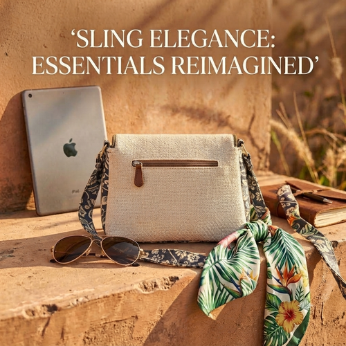 An overhead view showing the open interior of a beige straw-woven crossbody sling bag, revealing a dark brown fabric lining divided into two main sections by a central zippered compartment.