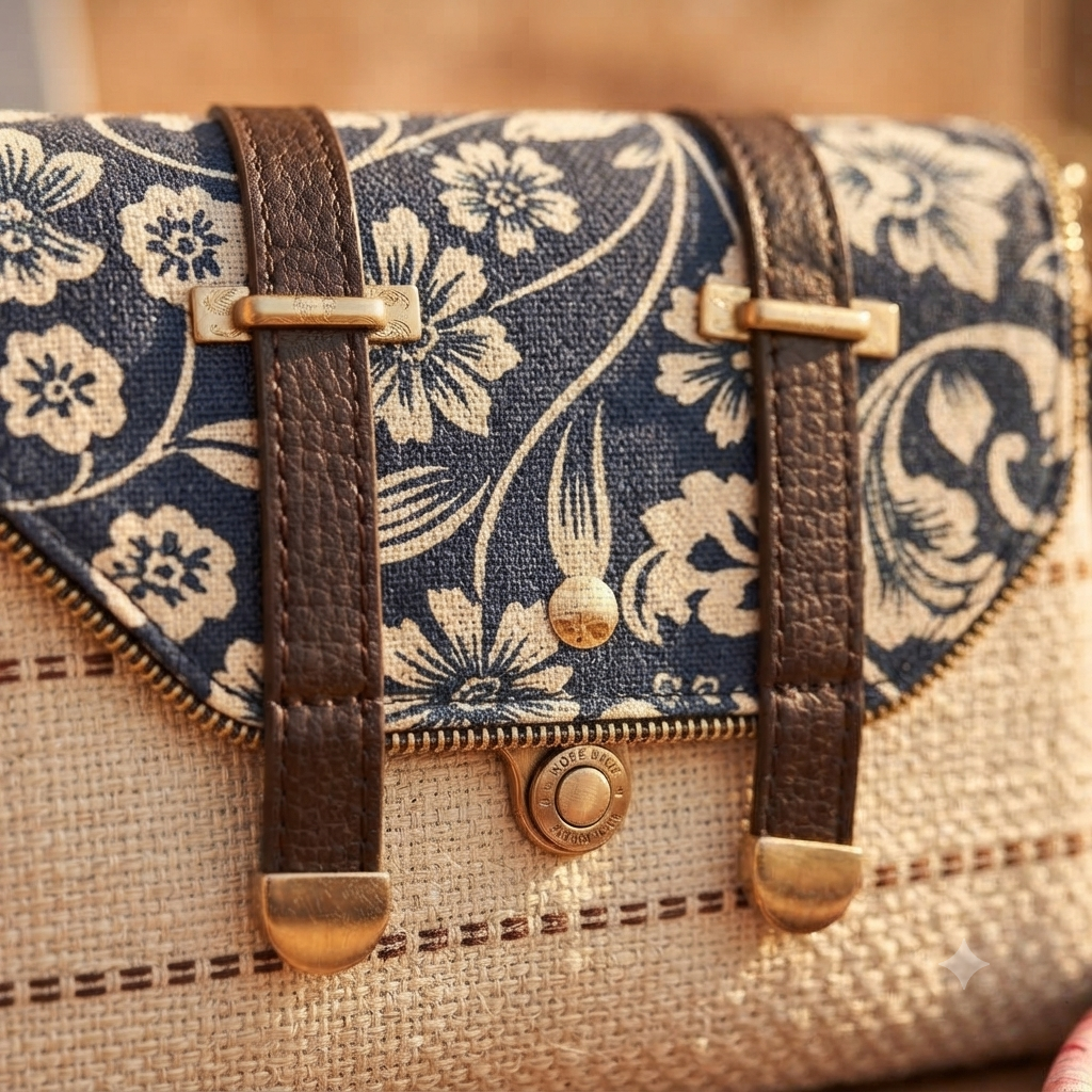 An overhead view showing the open interior of a beige straw-woven crossbody sling bag, revealing a dark brown fabric lining divided into two main sections by a central zippered compartment.