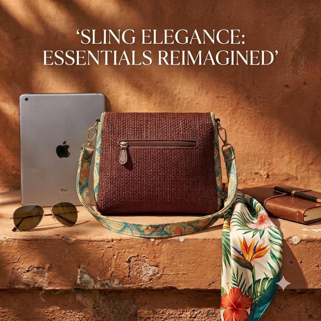 An overhead view showing the open interior of a beige straw-woven crossbody sling bag, revealing a dark brown fabric lining divided into two main sections by a central zippered compartment.