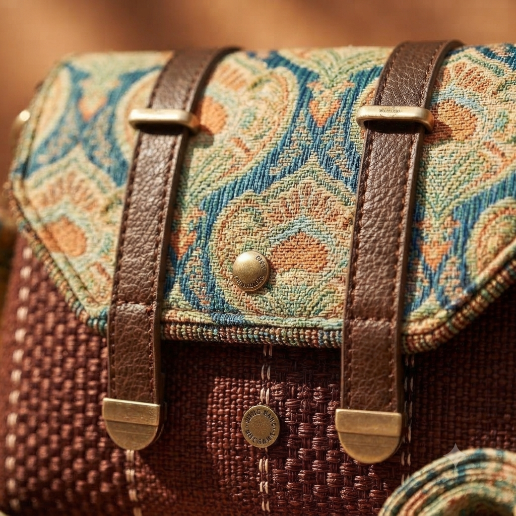 An overhead view showing the open interior of a beige straw-woven crossbody sling bag, revealing a dark brown fabric lining divided into two main sections by a central zippered compartment.