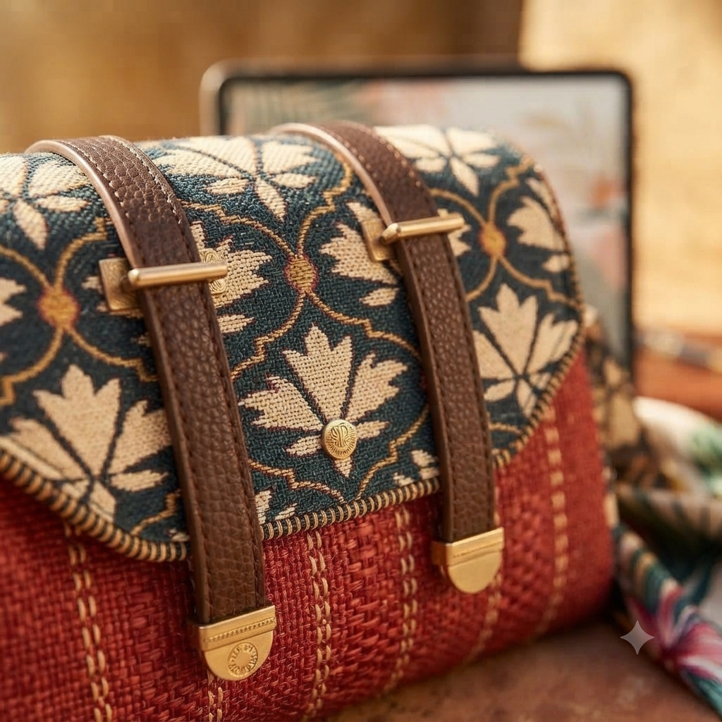 An overhead view showing the open interior of a beige straw-woven crossbody sling bag, revealing a dark brown fabric lining divided into two main sections by a central zippered compartment.
