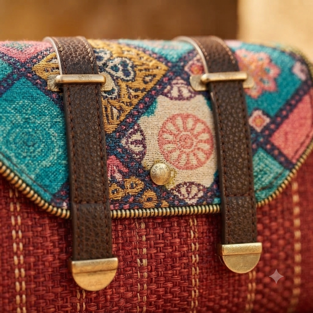 An overhead view showing the open interior of a beige straw-woven crossbody sling bag, revealing a dark brown fabric lining divided into two main sections by a central zippered compartment.