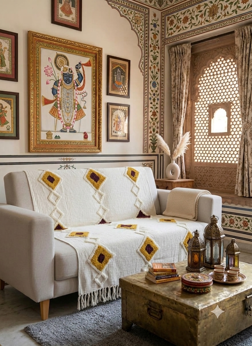 A textured cotton sofa throw featuring a geometric diamond pattern in contrasting mustard yellow and black, detailed with tufted fabric accents and fringed edges.