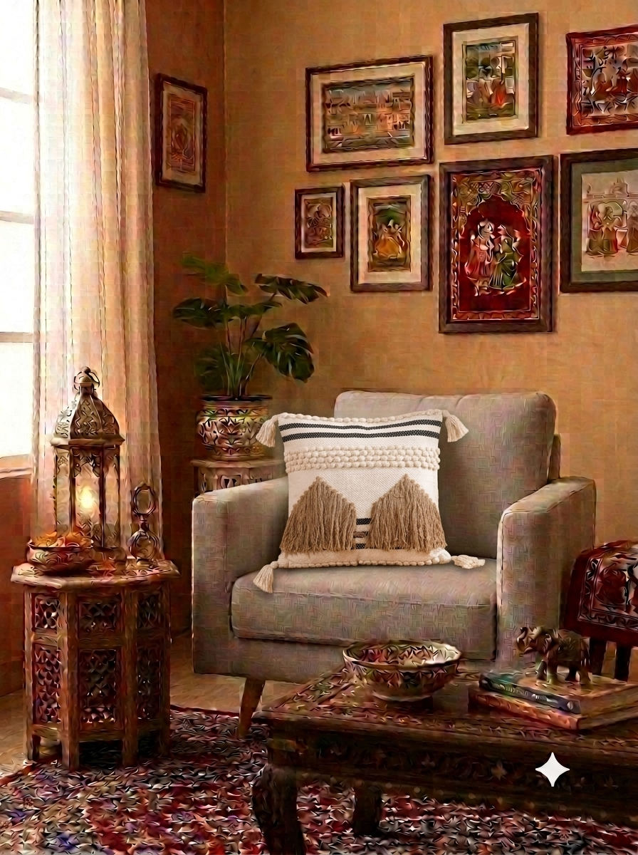 Boho Geometric Mountain Fringe Cushion Cover thumbnail by Anhad Rang  (40cm*40cm)
