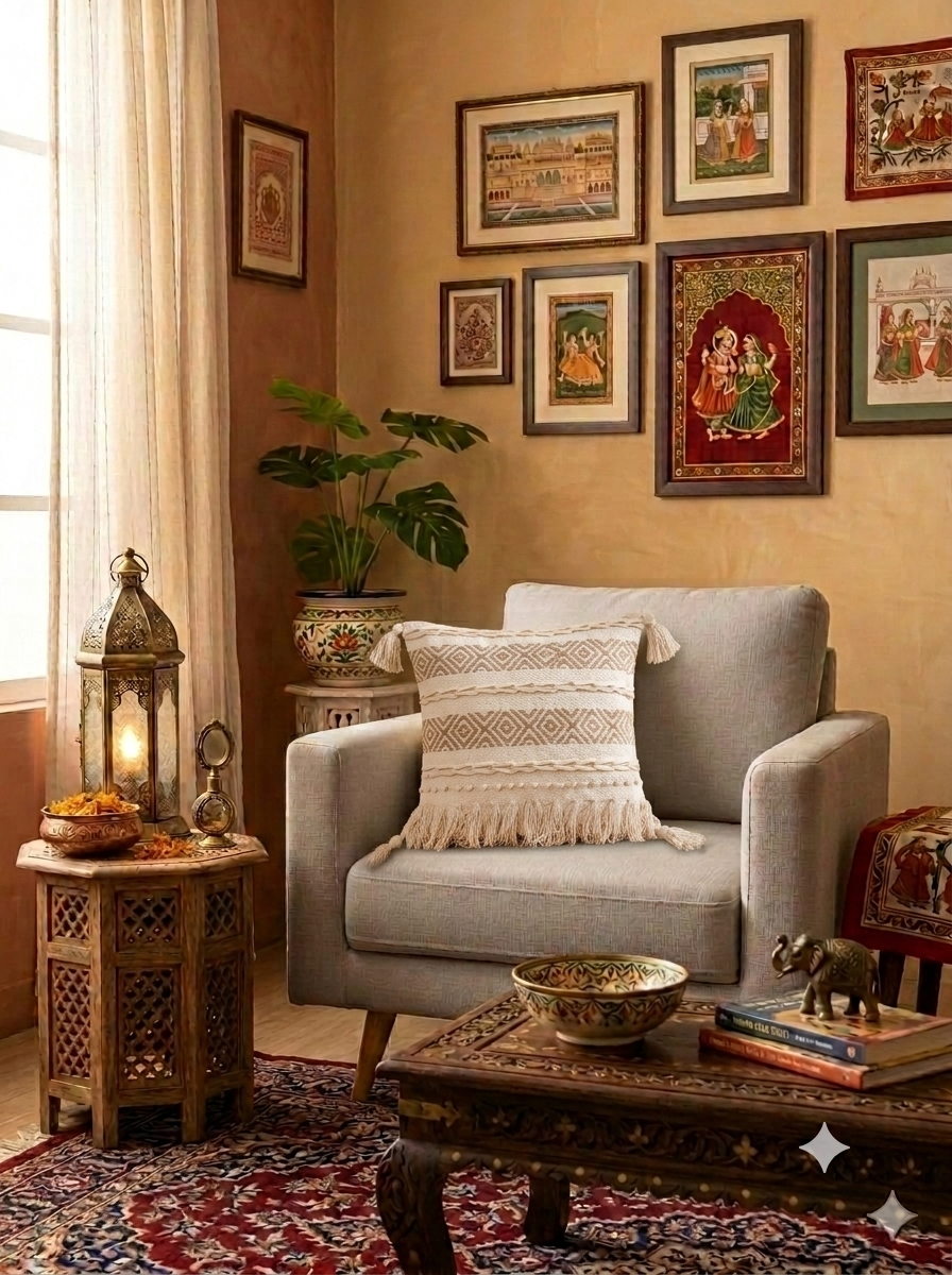 Handwoven boho cushion cover measuring 40x40 cm with geometric tufted patterns, braided textures, and corner tassels by anhadrang.