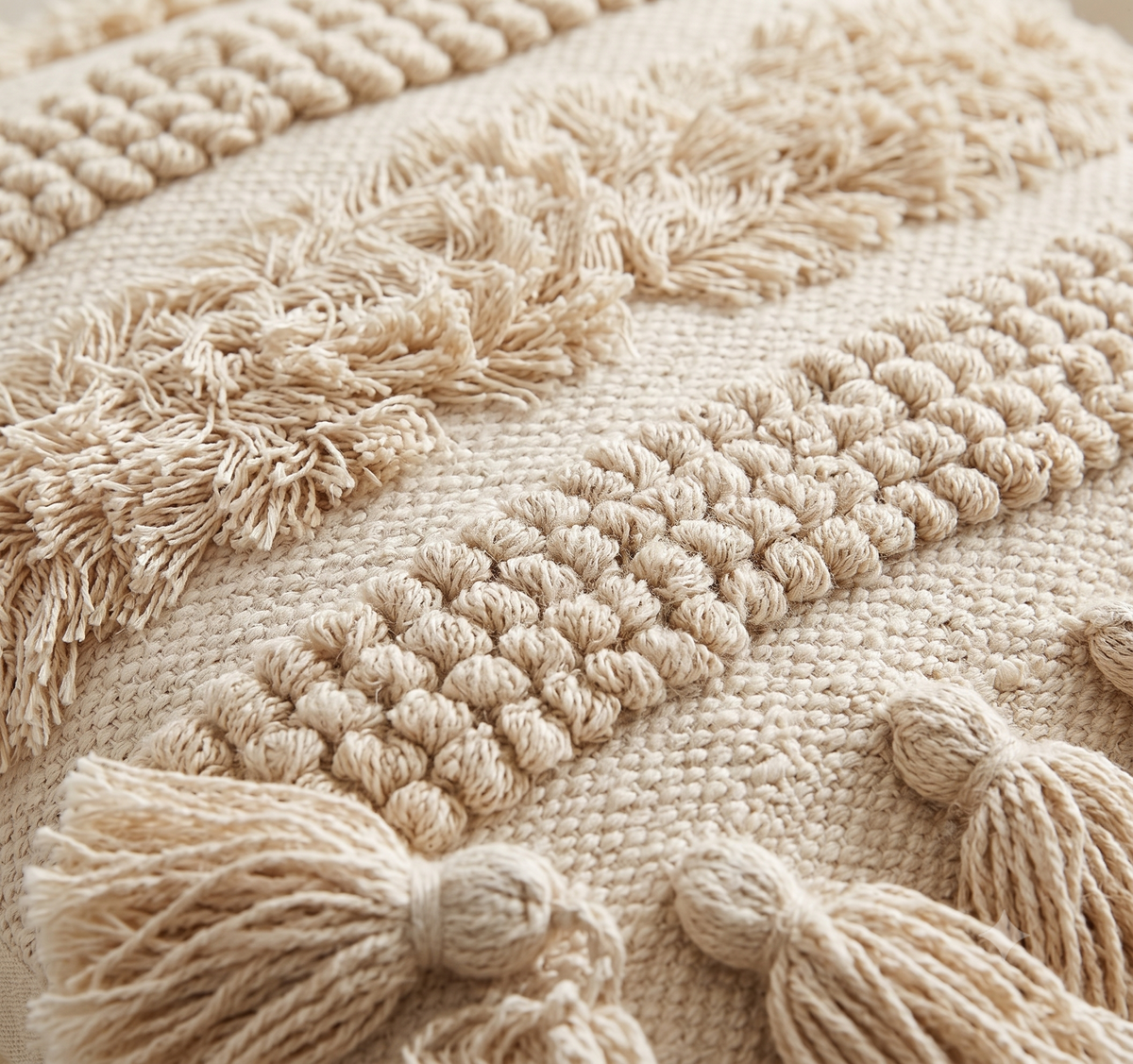 Set of 5 - Boho Heavily Textured Throw Pillow Case (40x40cm) – Solid Cream