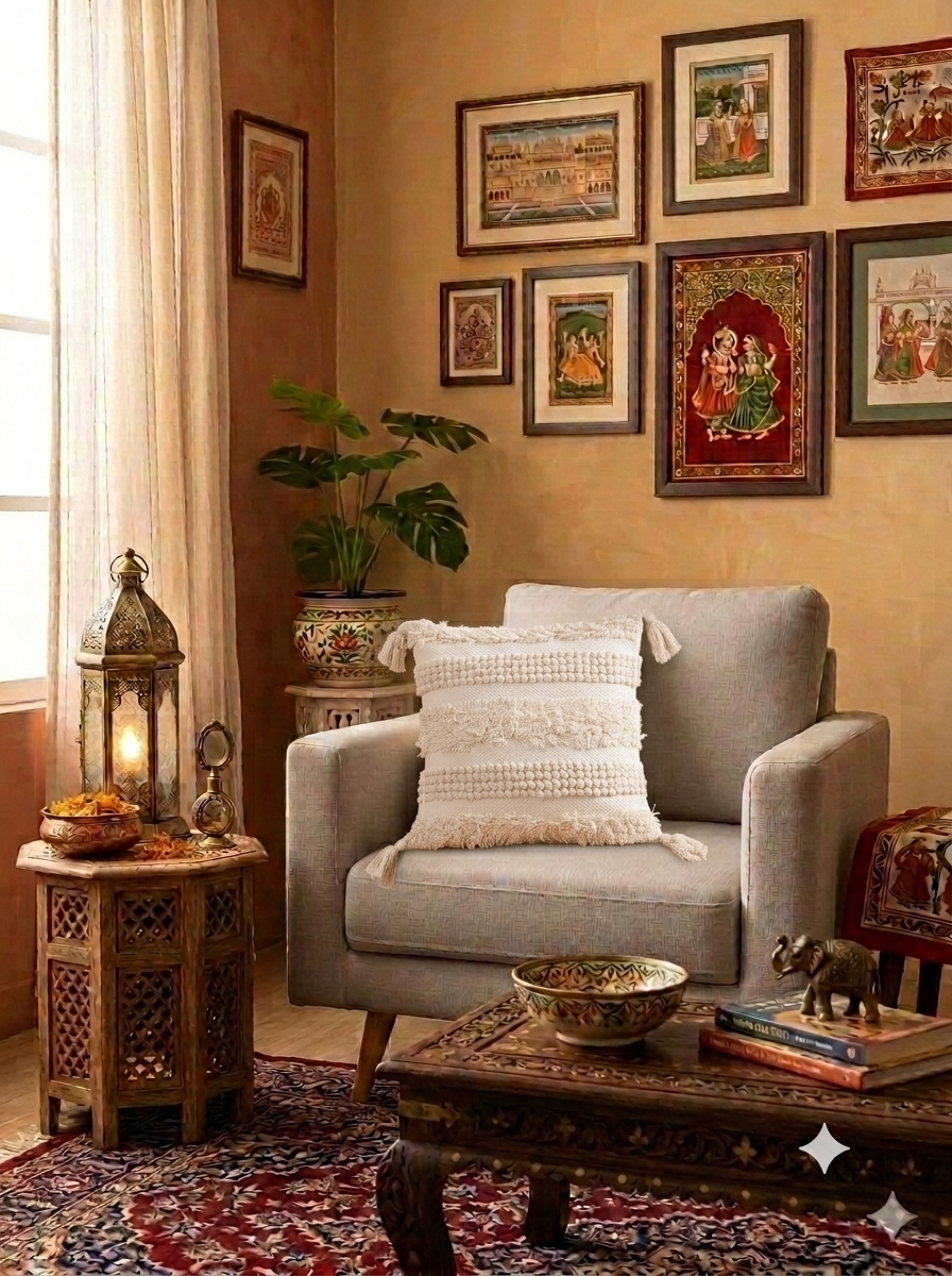 Handwoven boho cushion cover measuring 40x40 cm with geometric tufted patterns, braided textures, and corner tassels by anhadrang.