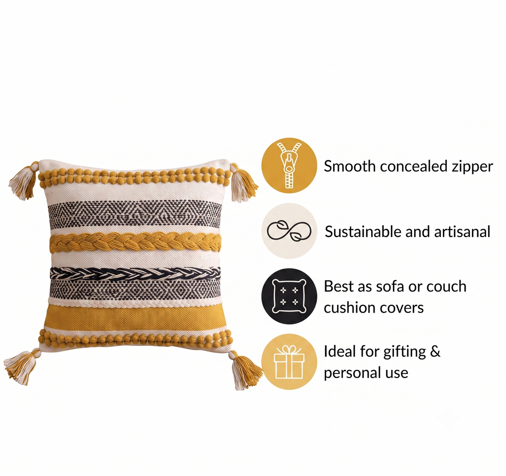 Set of 5 - Boho Textured Throw Pillow Case (40x40cm) - Mustard Yellow & Black