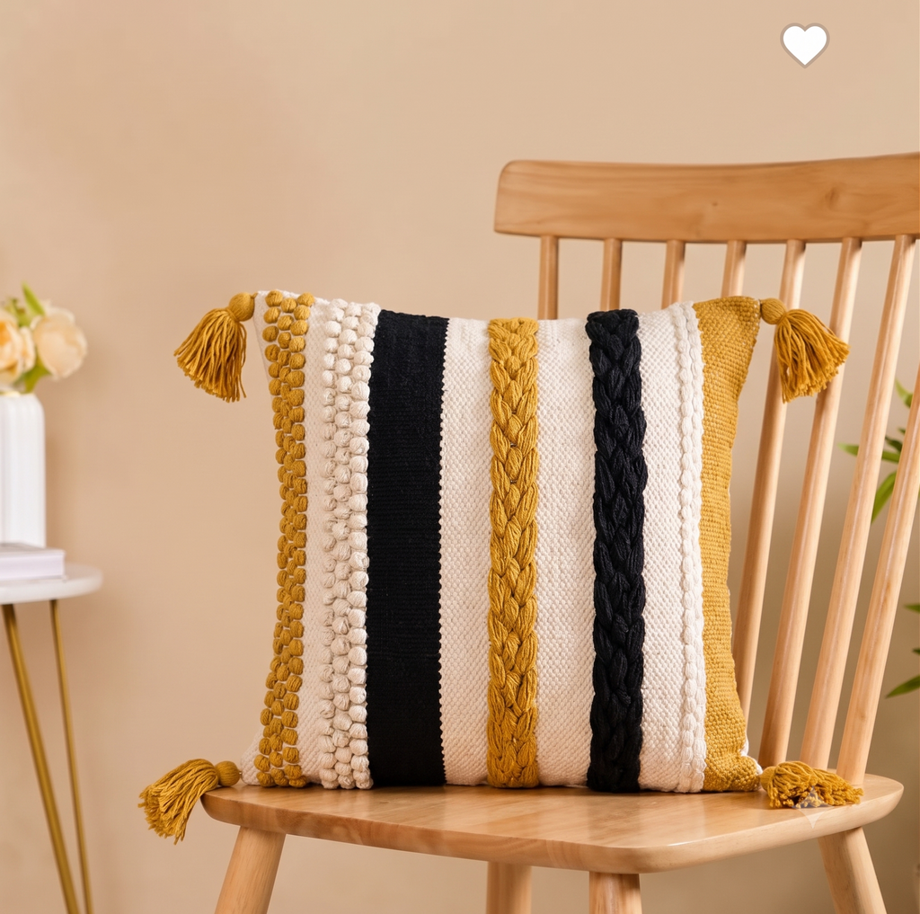 Set of 5 - Boho Textured Throw Pillow Case (40x40cm) - Mustard Yellow & Black