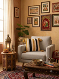 Handwoven boho cushion cover measuring 40x40 cm with geometric tufted patterns, braided textures, and corner tassels by anhadrang.