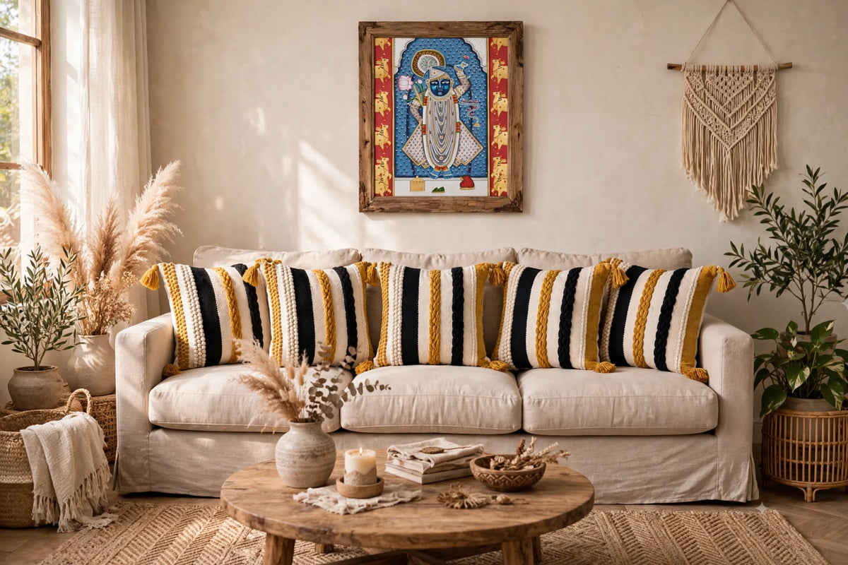Set of 5 - Boho Textured Throw Pillow Case (40x40cm) - Mustard Yellow & Black