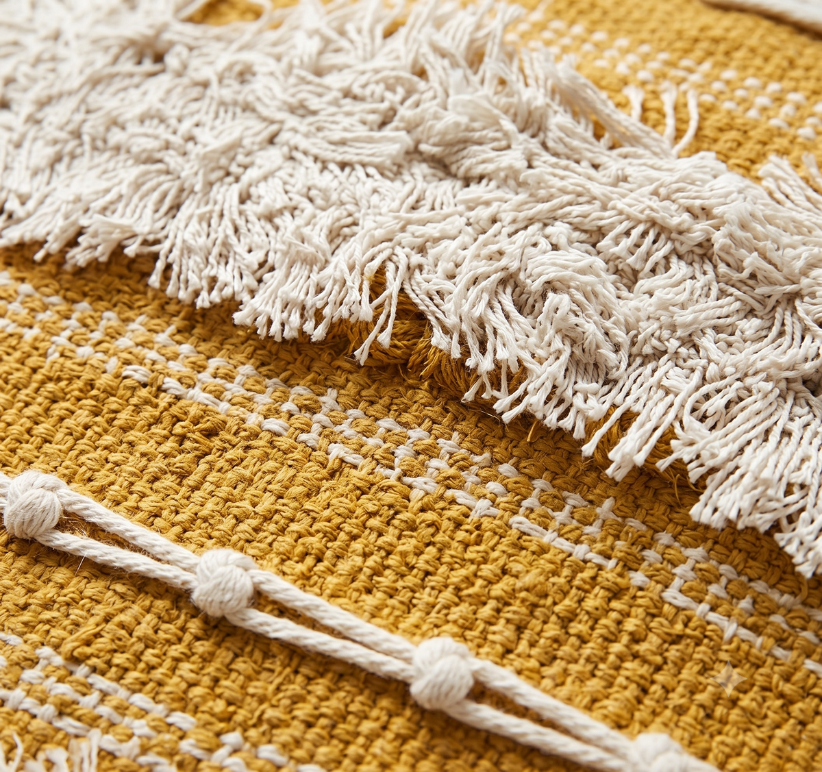 Set of 5 - Mustard Yellow Boho Cushion Cover (40x40 cm) with Shag Stripes & Tassels