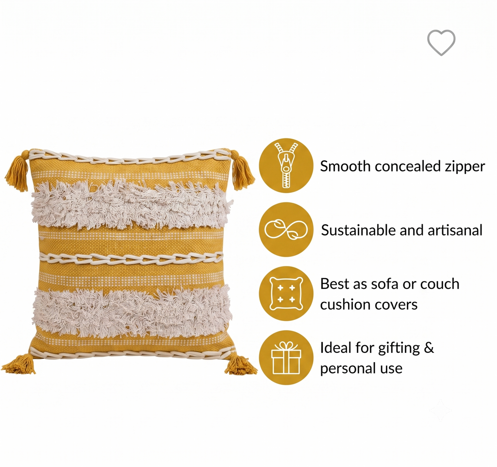 Set of 5 - Mustard Yellow Boho Cushion Cover (40x40 cm) with Shag Stripes & Tassels