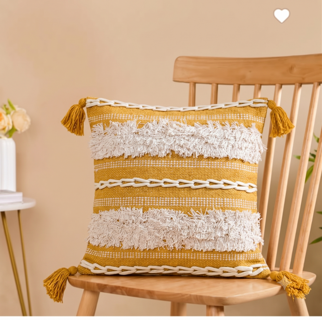 Set of 5 - Mustard Yellow Boho Cushion Cover (40x40 cm) with Shag Stripes & Tassels