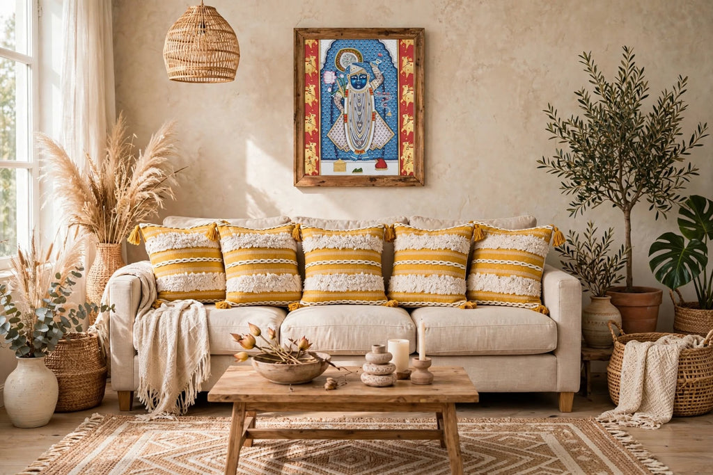 Set of 5 - Mustard Yellow Boho Cushion Cover (40x40 cm) with Shag Stripes & Tassels
