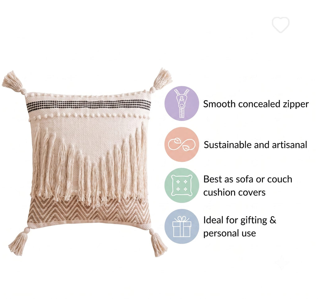 Set of 5 - Boho Woven Cream & Mocha Geometric Fringe Cushion Cover (40cm*40cm)