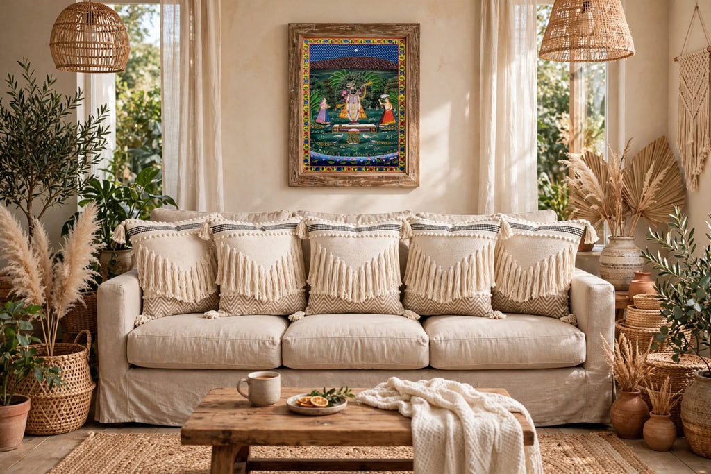 Set of 5 - Boho Woven Cream & Mocha Geometric Fringe Cushion Cover (40cm*40cm)