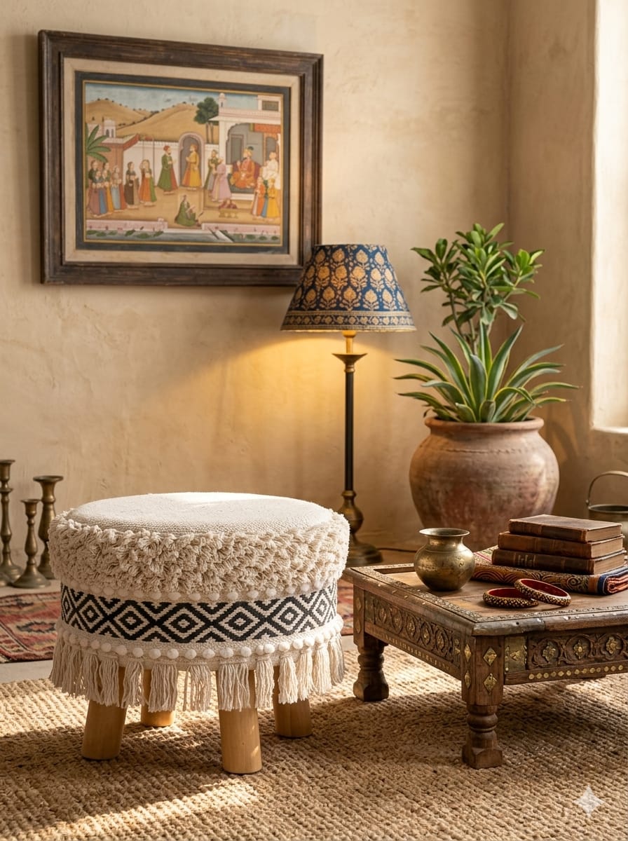 Handcrafted boho woven pouf ottoman used as a floor seating cushion in a living room by Anhad Rang