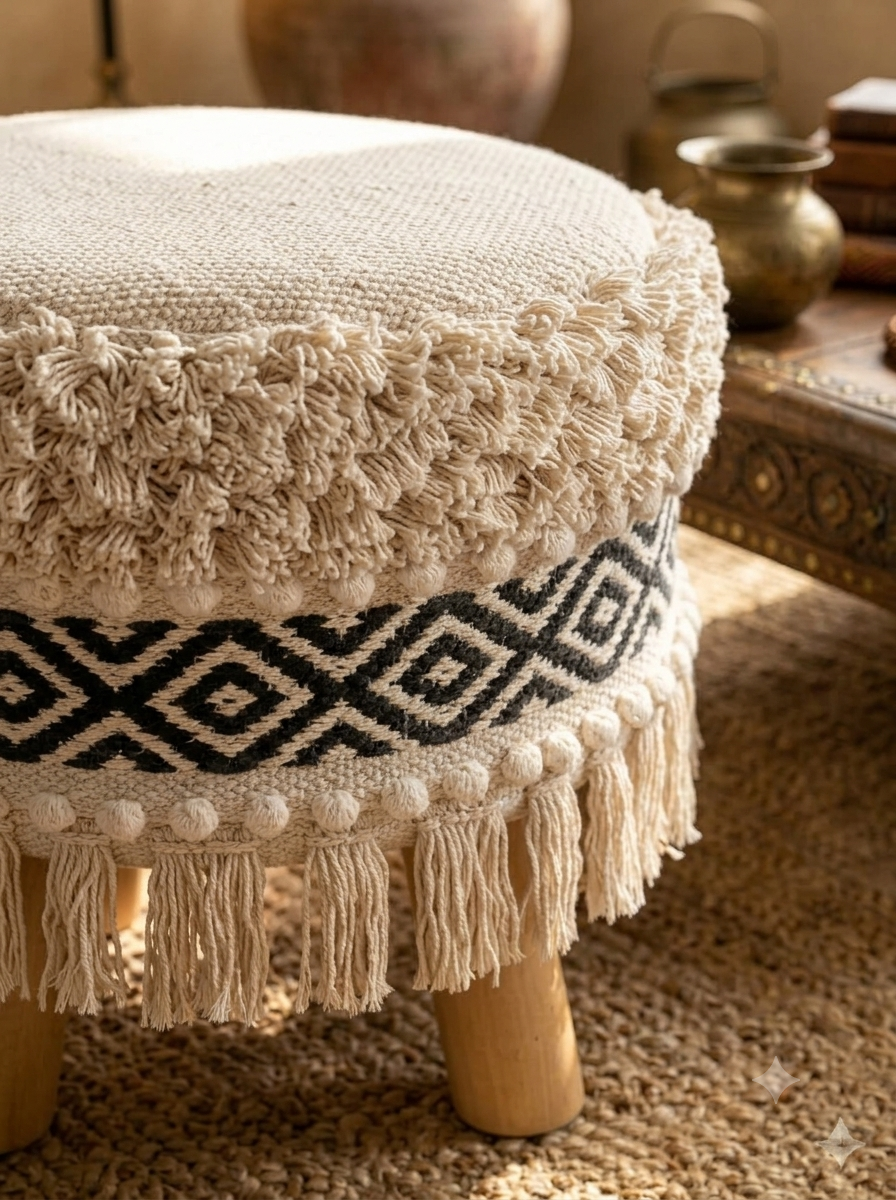Artisanal Diamond Geometric Macrame Pouf (14*14*16)
