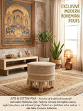 Handcrafted boho woven pouf ottoman used as a floor seating cushion in a living room by Anhad Rang
