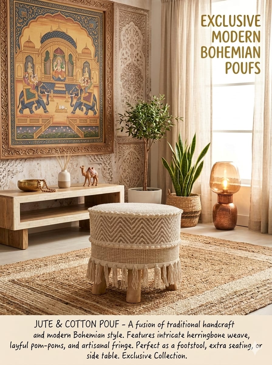 Handcrafted boho woven pouf ottoman used as a floor seating cushion in a living room by Anhad Rang