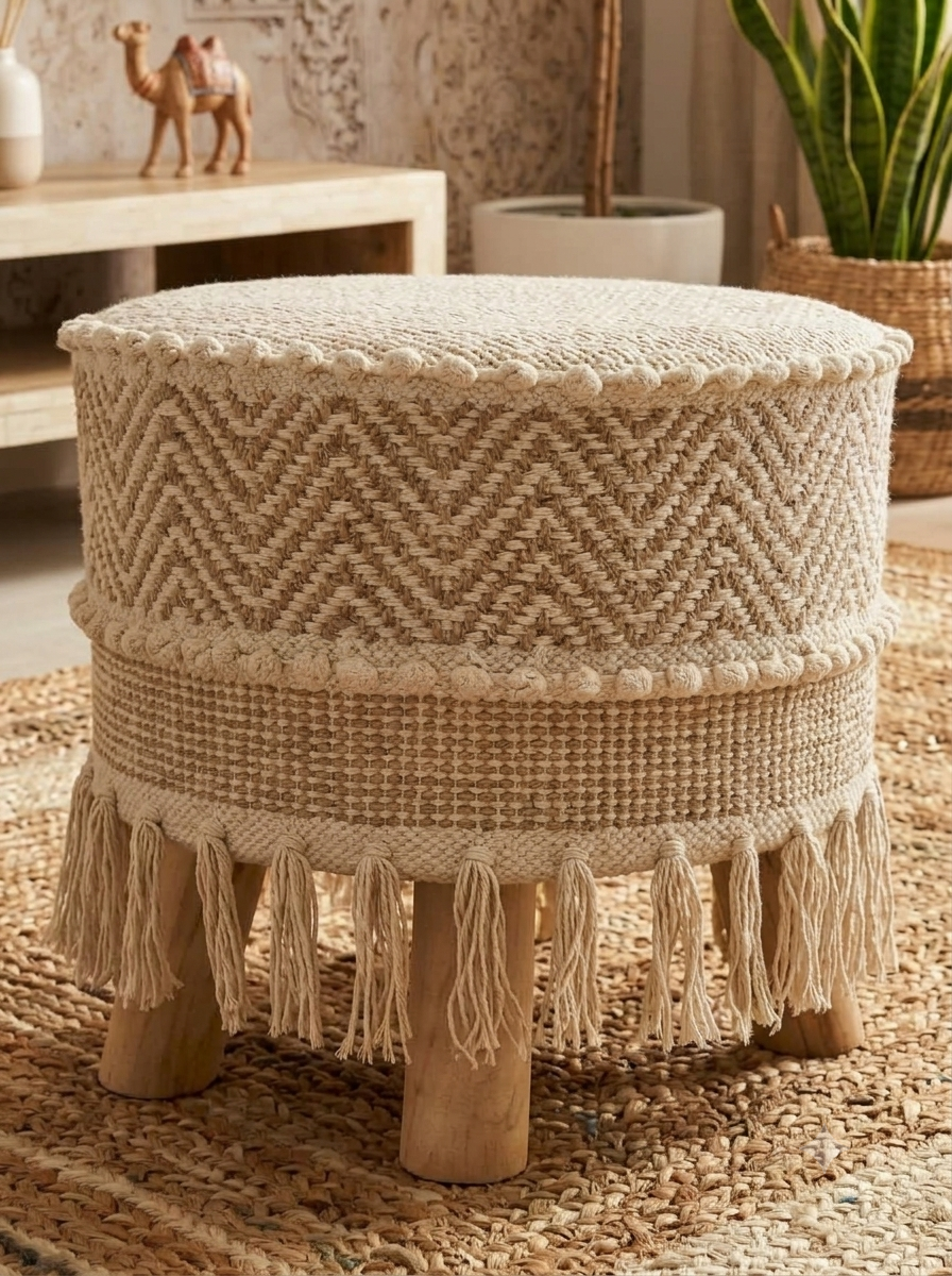 Artisanal Chevron Weave Pom-Pom Pouf (14*14*16)