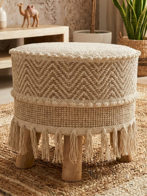 Artisanal Chevron Weave Pom-Pom Pouf (14*14*16)