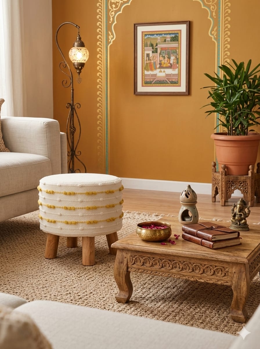Handcrafted boho woven pouf ottoman used as a floor seating cushion in a living room by Anhad Rang