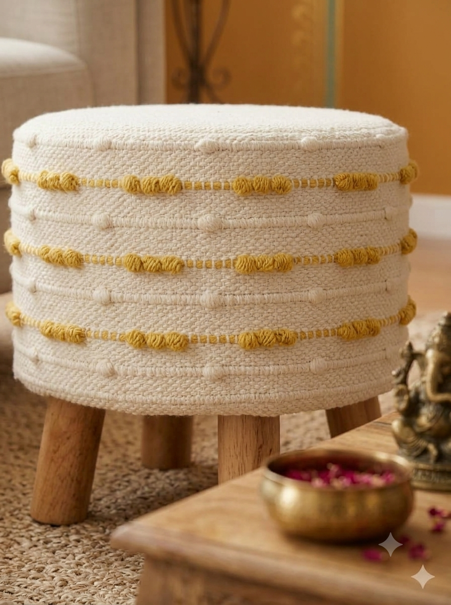 The Mustard Bobble Striped Ottoman Pouf (14*14*16)