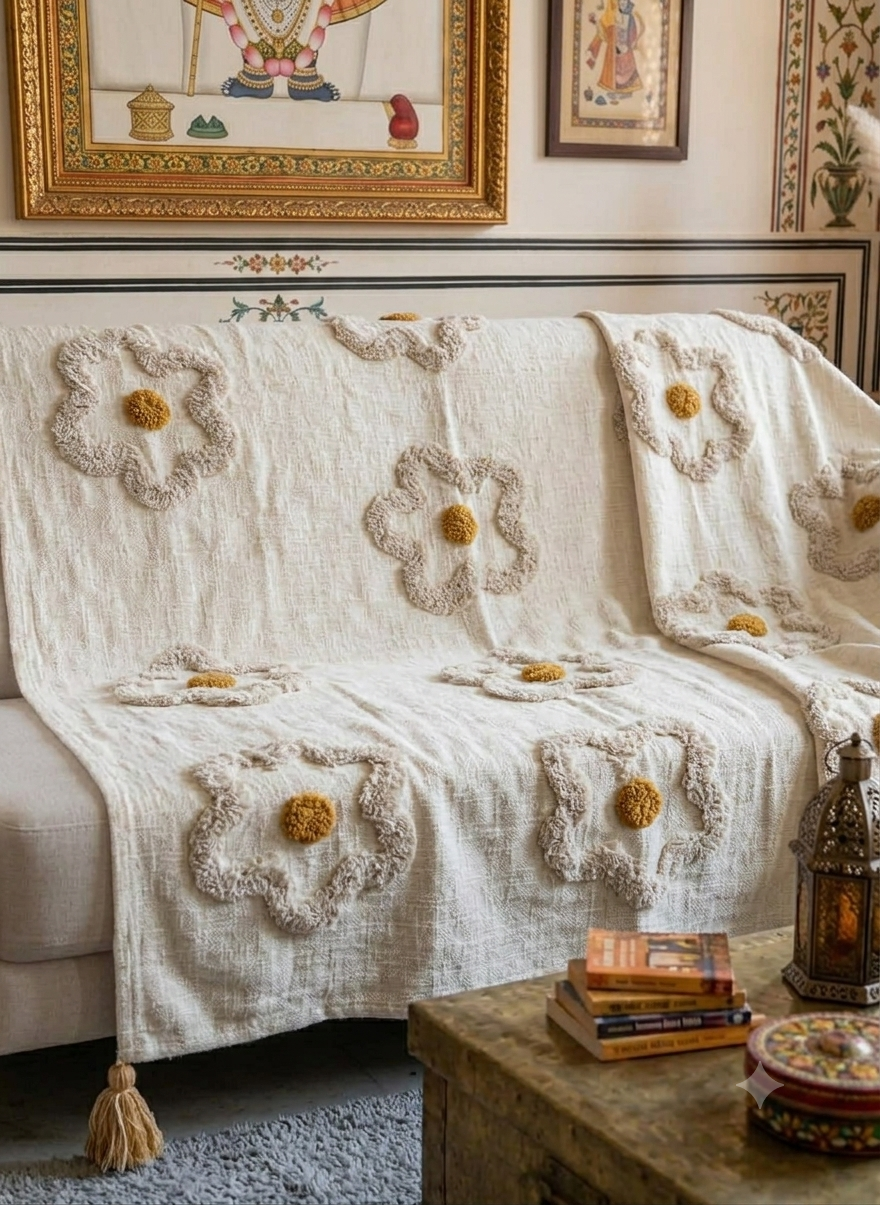 A cream cotton sofa throw blanket featuring a raised, textured tufted daisy flower motif draped over a couch.