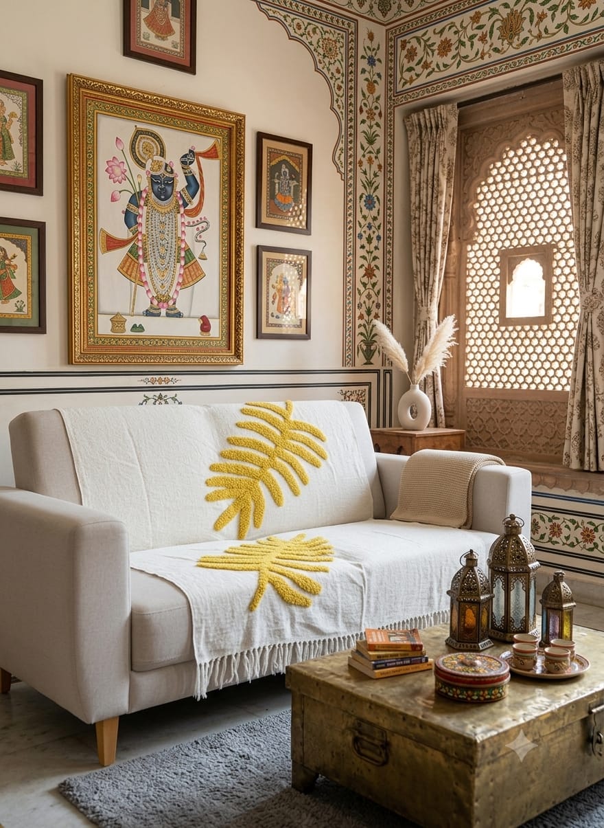 The Mustard Palm Leaf Tufted Sofa Throw featuring a raised tropical leaf pattern, textured cotton fabric, and fringed edges on a cozy living room couch.
