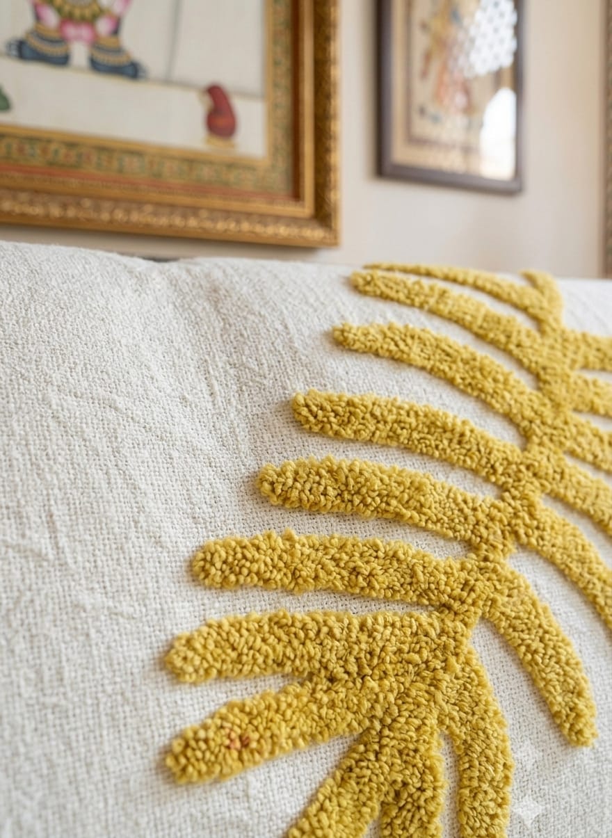 The Mustard Palm Leaf Tufted Sofa Throw featuring a raised tropical leaf pattern, textured cotton fabric, and fringed edges on a cozy living room couch.
