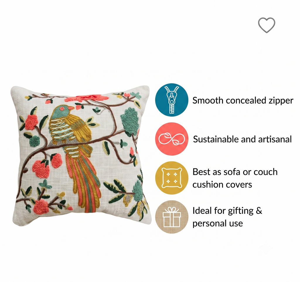 Flora Daisy Bird Embroidered Cushion Cover (40cm*40cm)