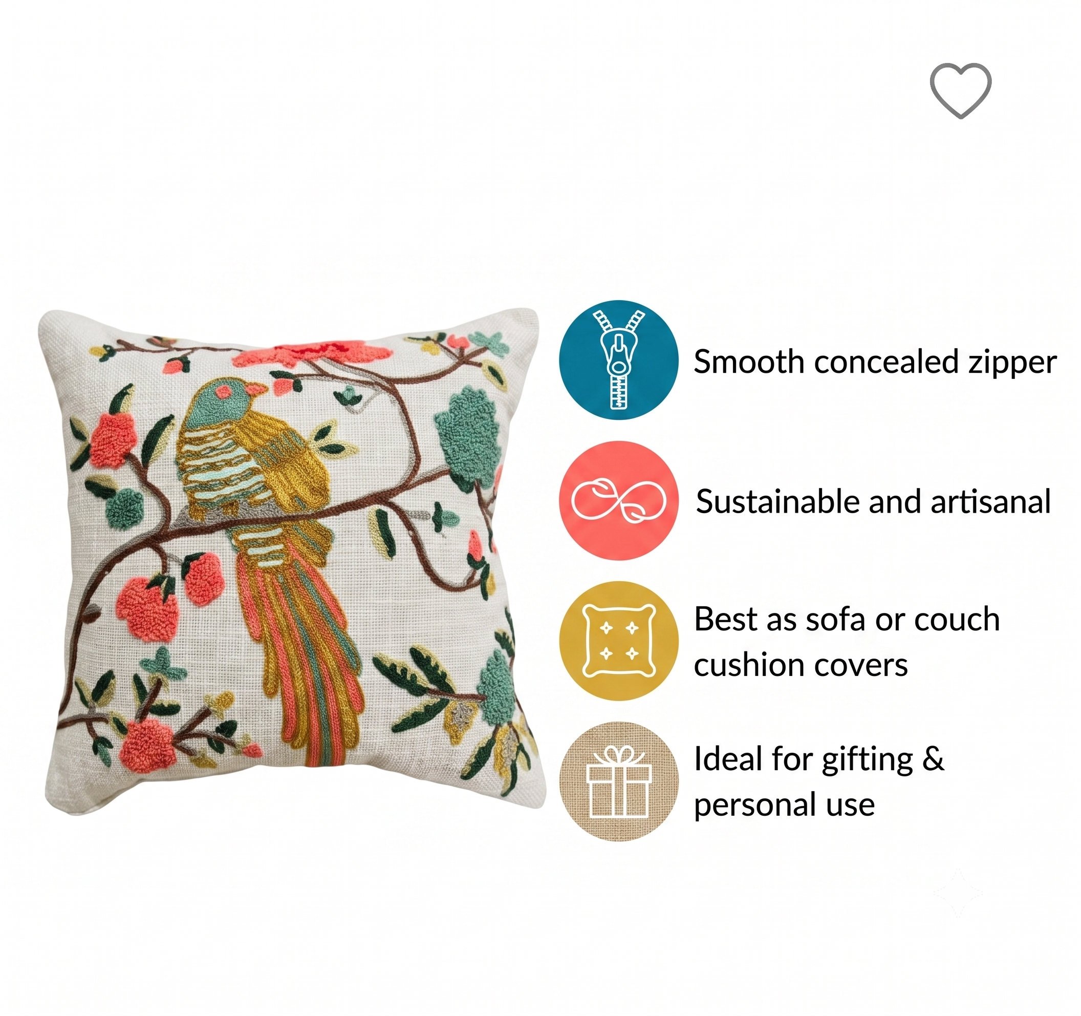 Flora Daisy Bird Embroidered Cushion Cover (40cm*40cm)