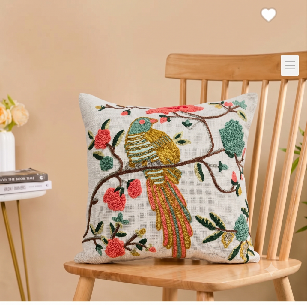 Flora Daisy Bird Embroidered Cushion Cover (40cm*40cm)