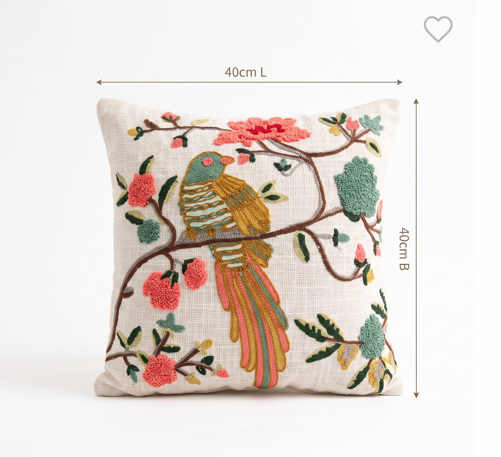 Flora Daisy Bird Embroidered Cushion Cover (40cm*40cm)