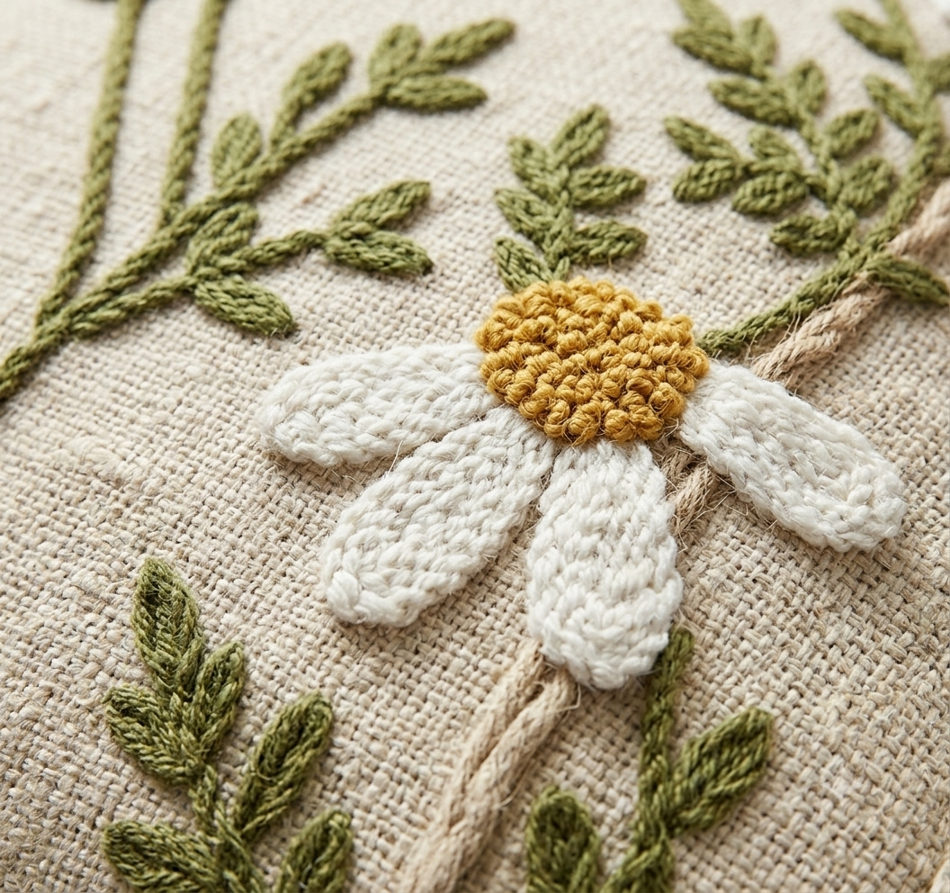Hand-Embroidered Daisy Floral Cotton Cushion Cover