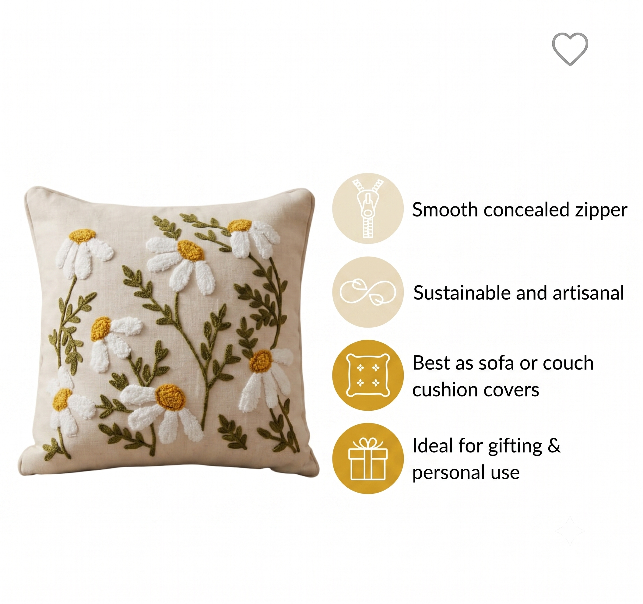Hand-Embroidered Daisy Floral Cotton Cushion Cover