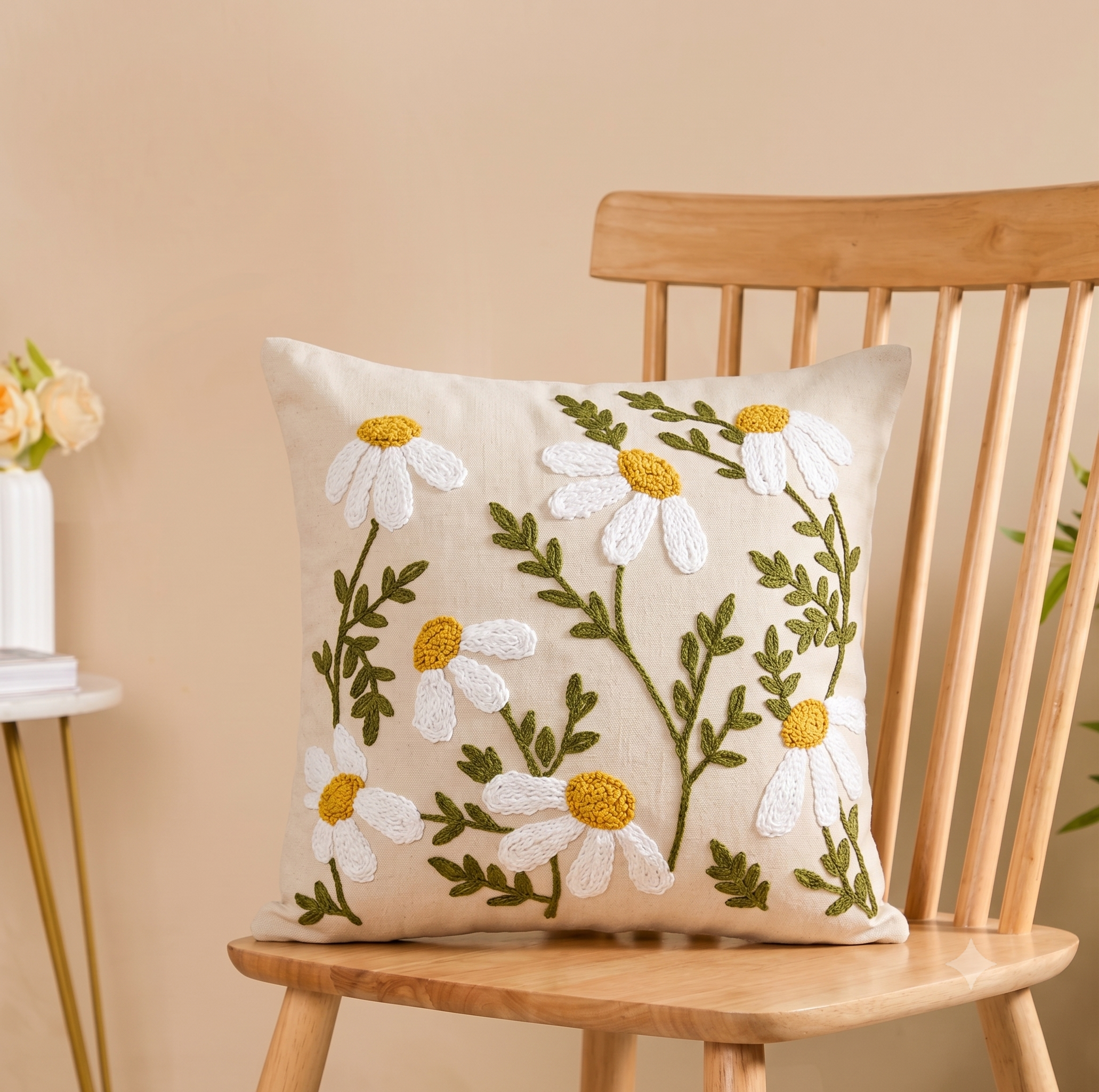 Hand-Embroidered Daisy Floral Cotton Cushion Cover