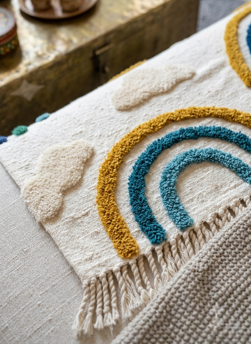 A soft cotton sofa throw blanket featuring a textured cloud and rain pattern draped over a living room couch.