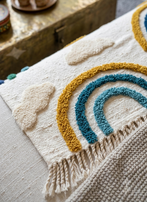 A soft cotton sofa throw blanket featuring a textured cloud and rain pattern draped over a living room couch.